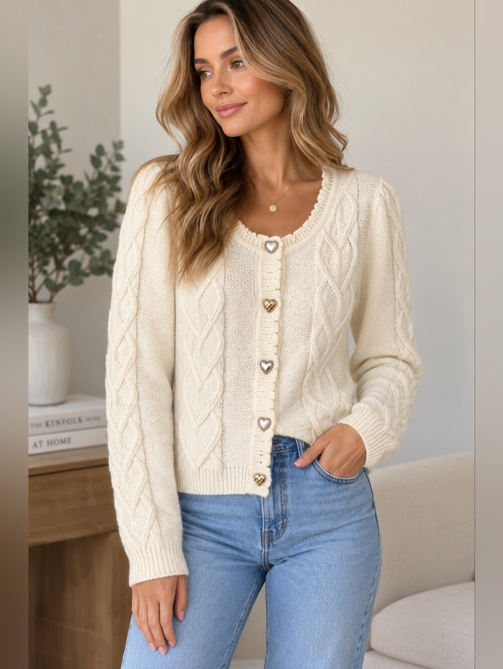 wild fable Cream Cable-Knit Heart Button Cardigan